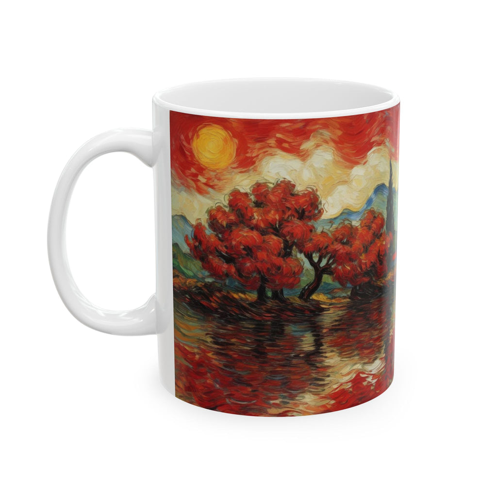 Red Autumn Landscape Ceramic Mug — Scenic Sunset Art Coffee Cup (11oz, 15oz)