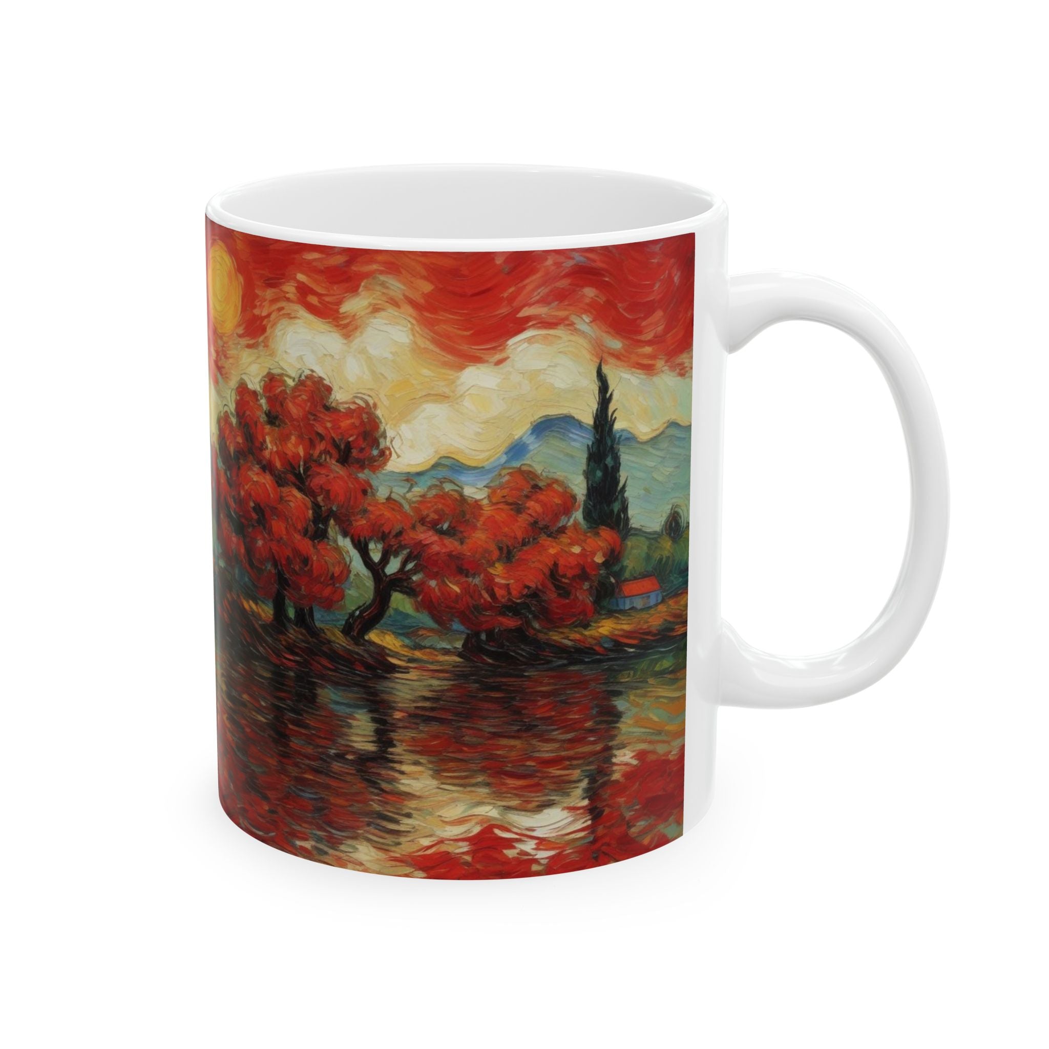 Red Autumn Landscape Ceramic Mug — Scenic Sunset Art Coffee Cup (11oz, 15oz)