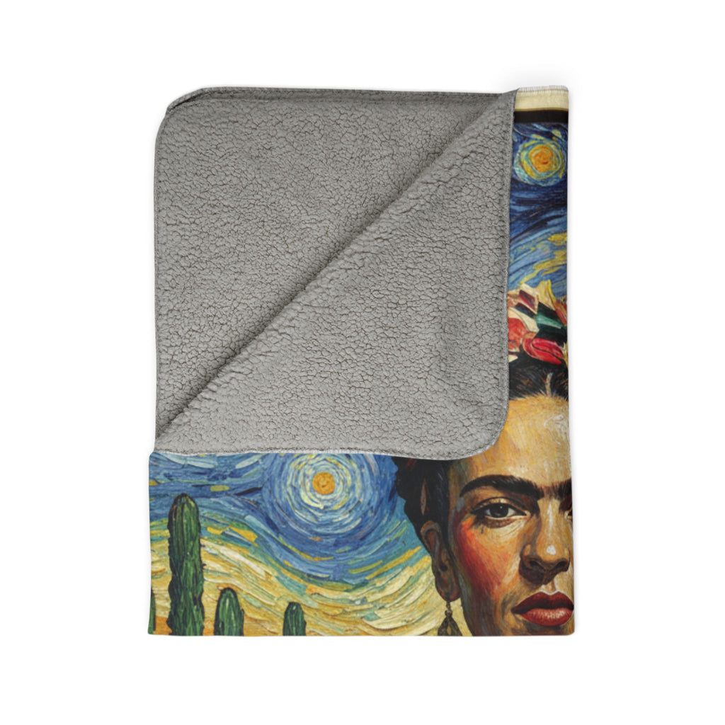 Frida Kahlo Starry Night Sherpa Blanket — Artistic Mexican Portrait Throw