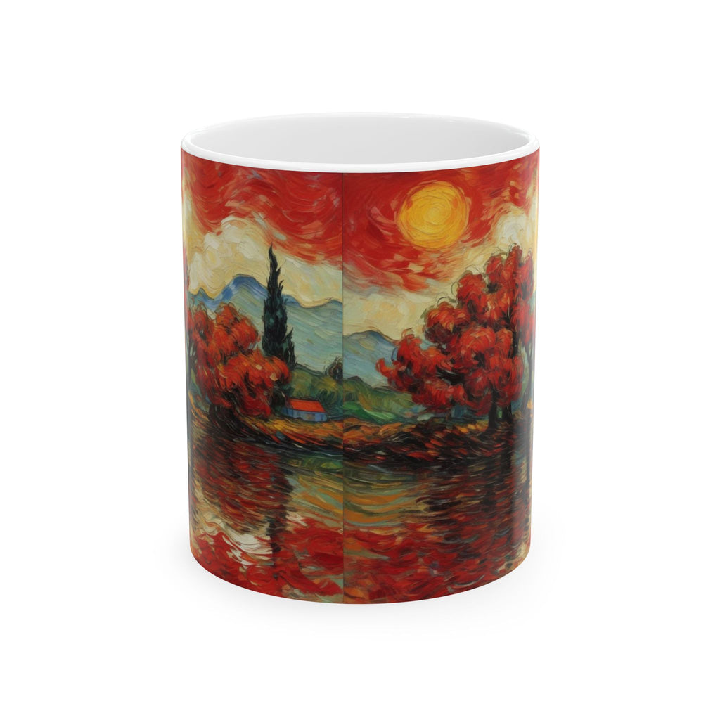 Red Autumn Landscape Ceramic Mug — Scenic Sunset Art Coffee Cup (11oz, 15oz)