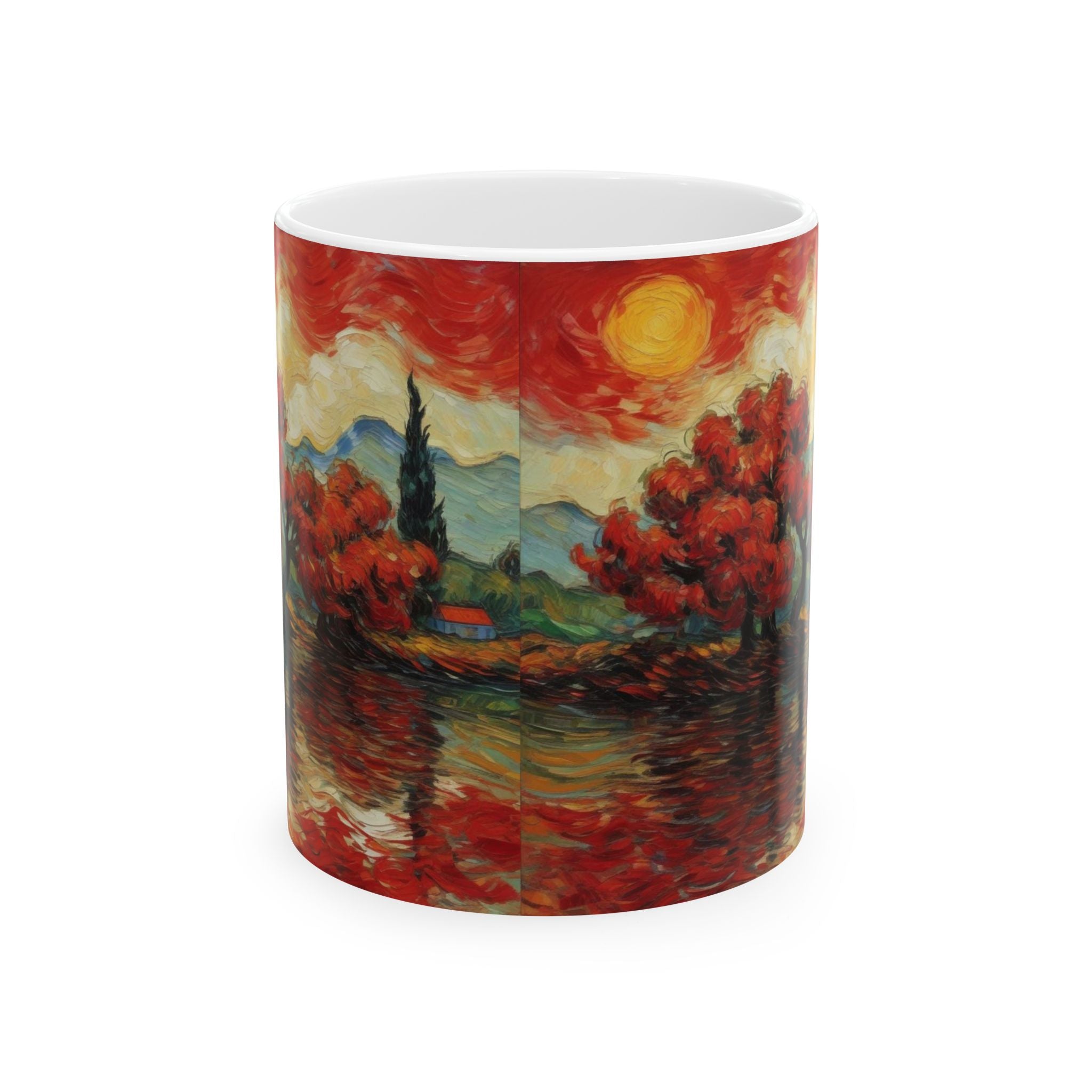 Red Autumn Landscape Ceramic Mug — Scenic Sunset Art Coffee Cup (11oz, 15oz)