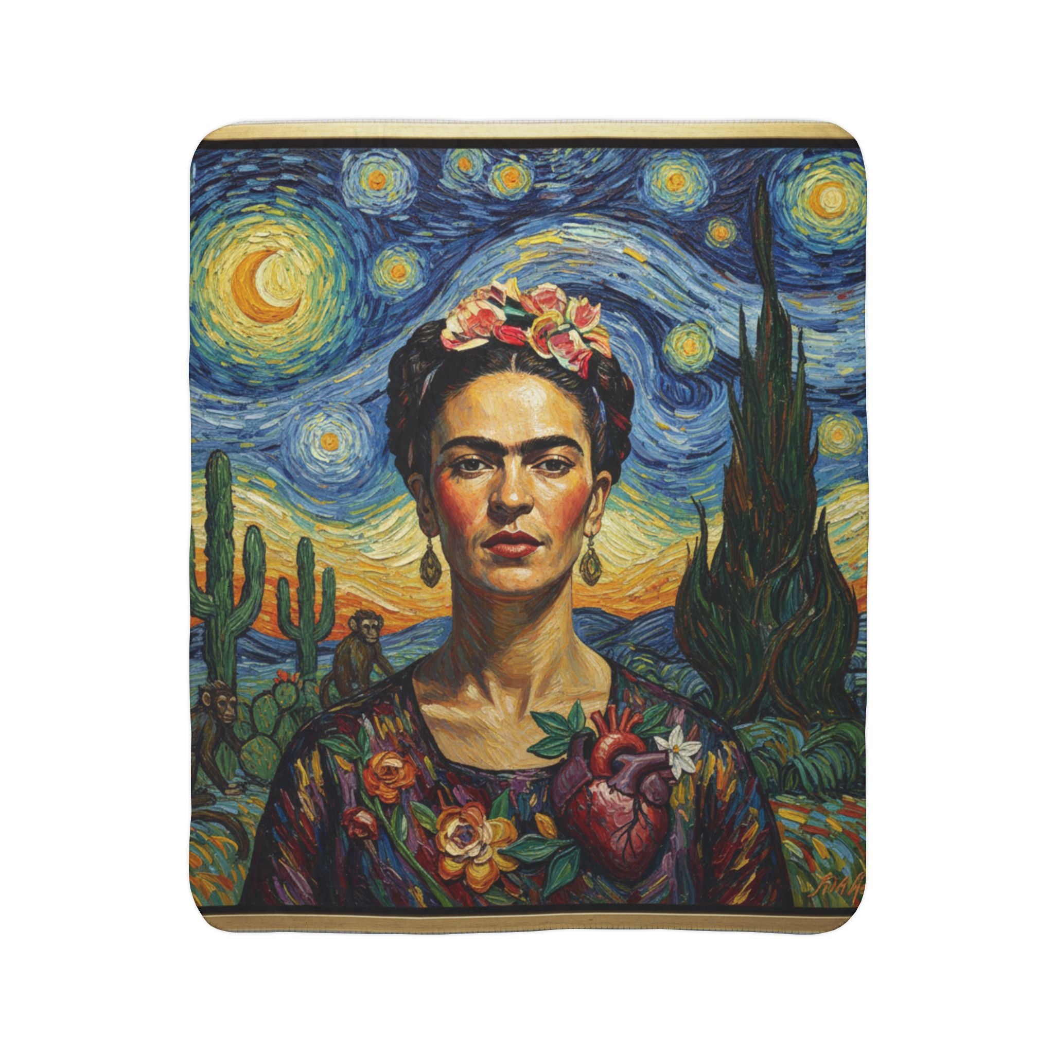 Frida Kahlo Starry Night Sherpa Blanket — Artistic Mexican Portrait Throw